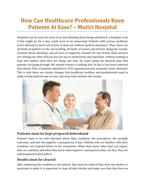 How Can Healthcare Professionals Keep Patients At Ease? - Maitri Hospital