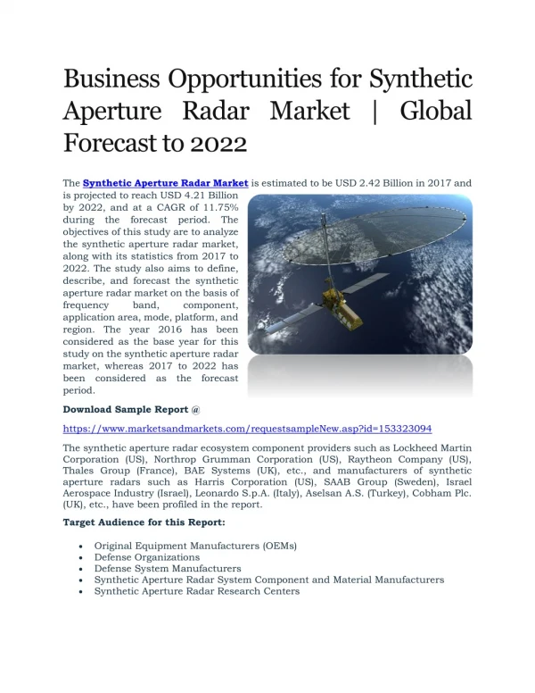 Business Opportunities for Synthetic Aperture Radar Market | Global Forecast to 2022