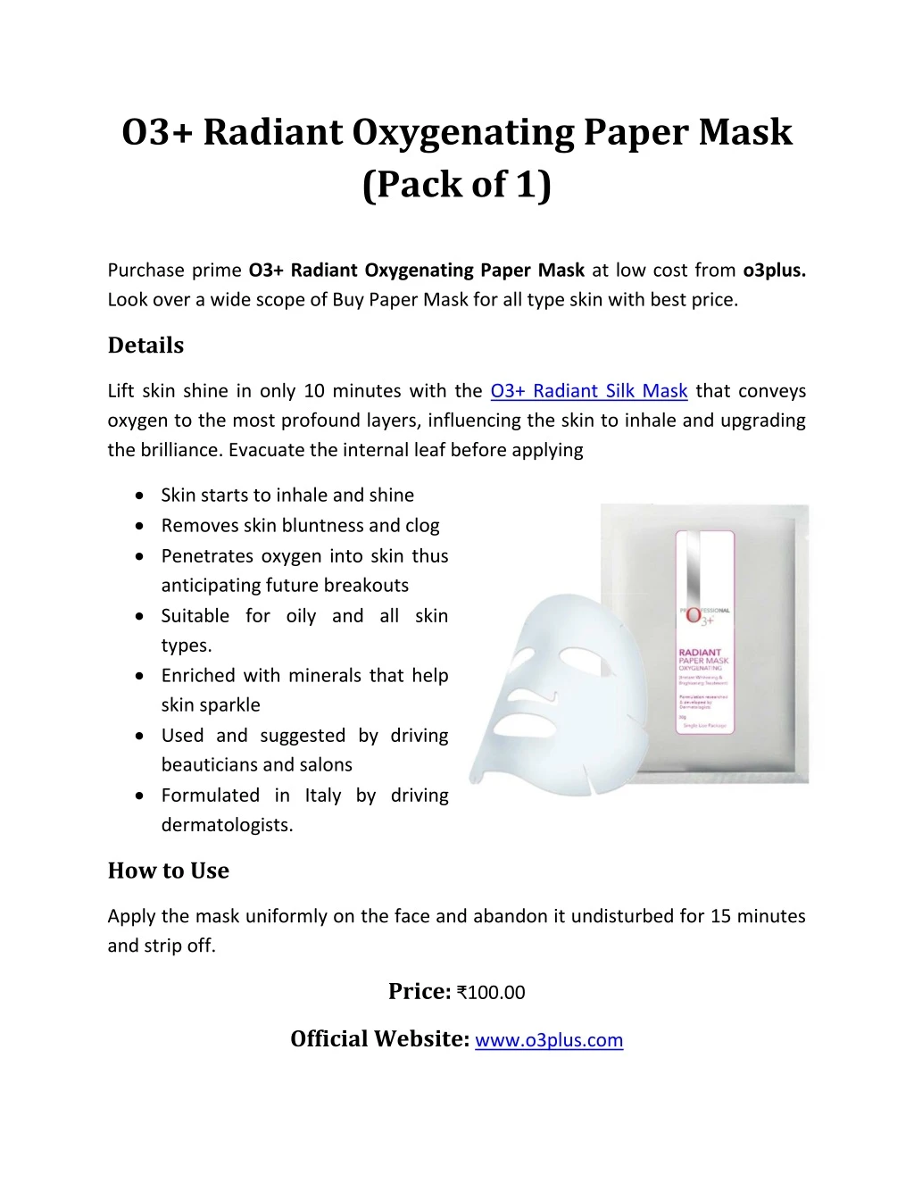 o3 radiant oxygenating paper mask pack of 1