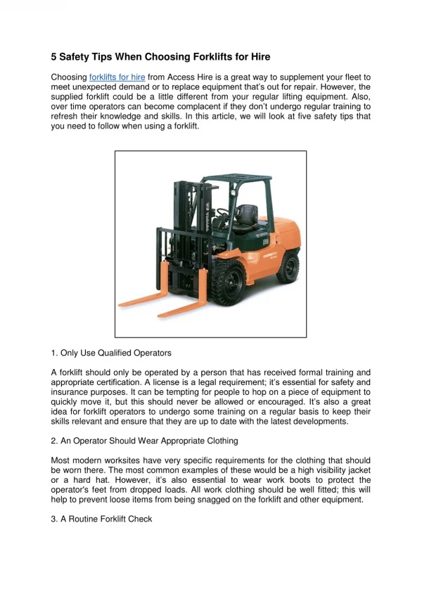 5 Safety Tips When Choosing Forklifts for Hire