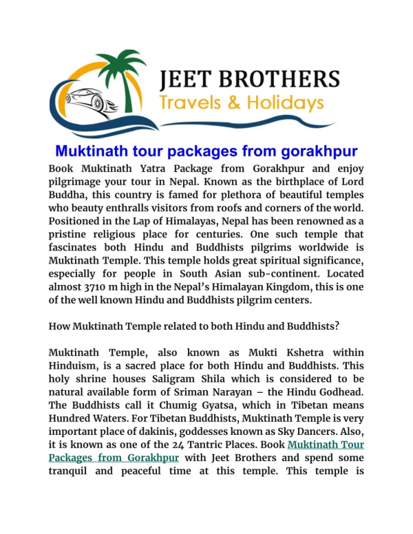 Muktinath tour packages from gorakhpur