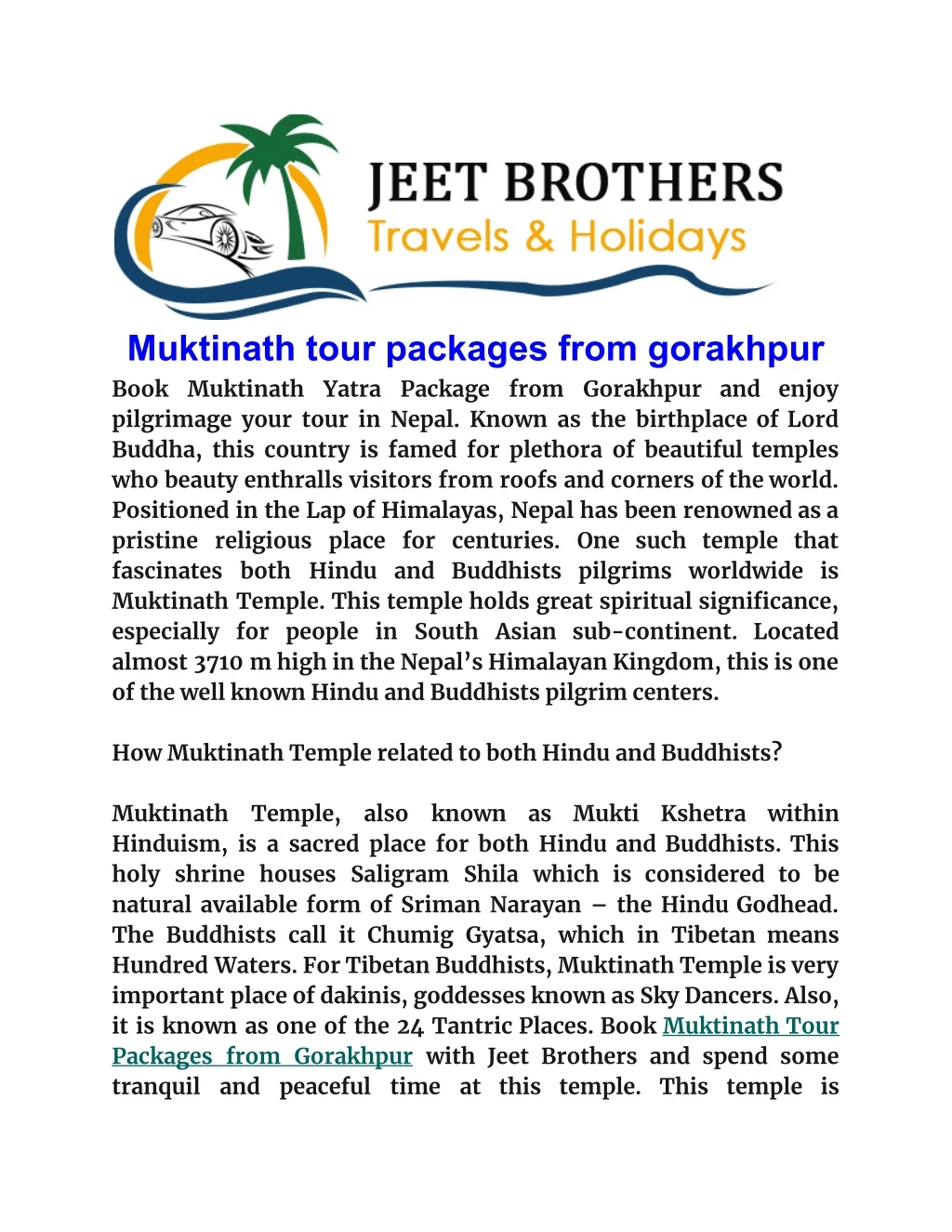 muktinath tour packages from gorakhpur book