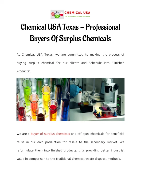 Chemical USA Texas - Professional Buyers Of Surplus Chemicals
