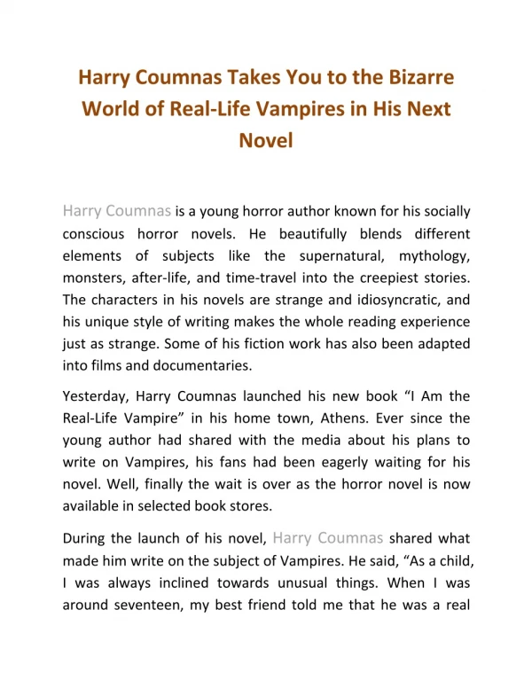 Harry Coumnas Takes You to the Bizarre World of Real-Life Vampires in His Next Novel