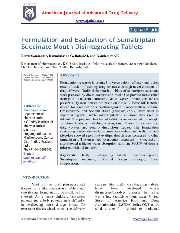 Formulation and Evaluation of Sumatriptan Succinate Mouth Disintegrating Tablets