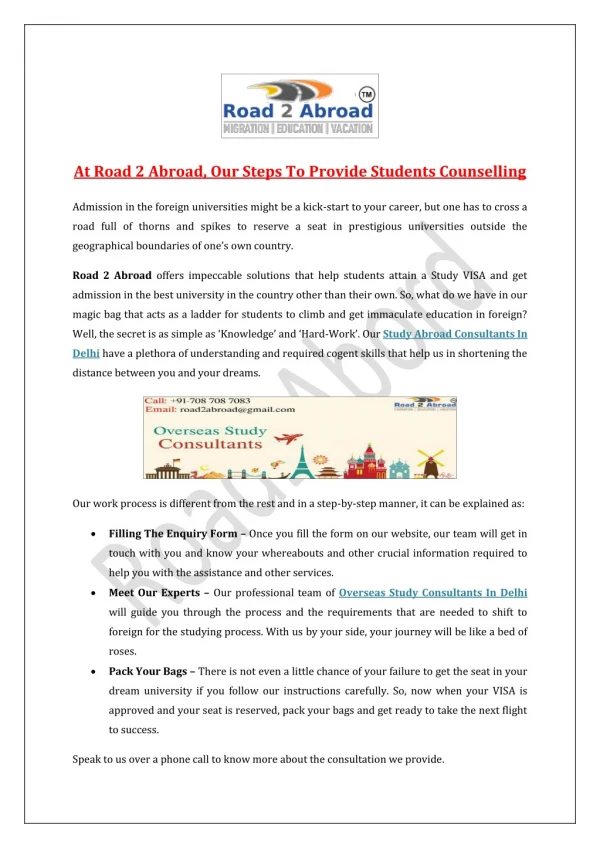 At Road 2 Abroad, Our Steps To Provide Students Counselling