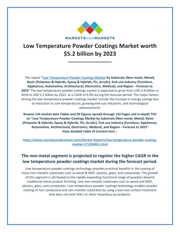 Low Temperature Powder Coatings Market by Substrate, Resin, End-use Industry and Region - Forecast to 2023