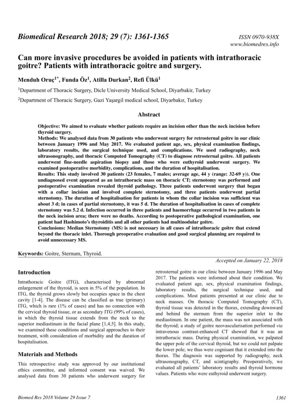 Can more invasive procedures be avoided in patients with intrathoracic goitre? Patients with intrathoracic goitre and su