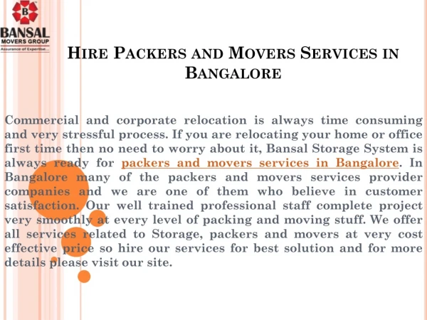 Hire Packers and Movers Services in Bangalore