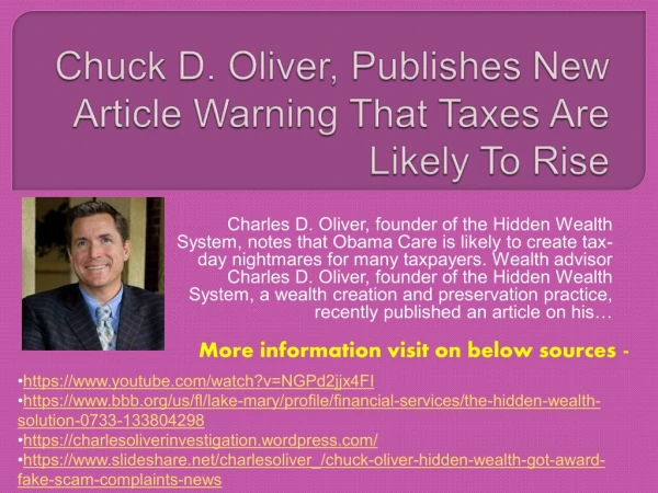 Chuck D. Oliver, Publishes New Article Warning That Taxes Are Likely To Rise