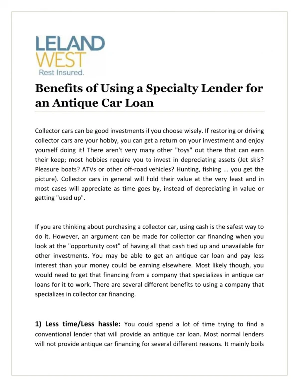 Benefits of Using a Specialty Lender for an Antique Car Loan
