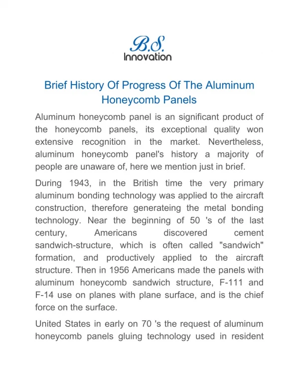 Brief History Of Progress Of The Aluminum Honeycomb Panels
