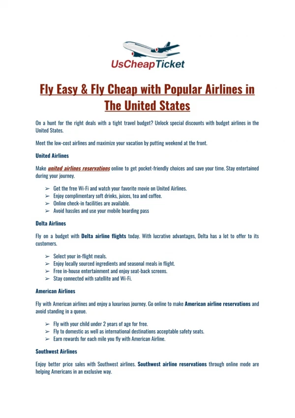 Fly Easy & Fly Cheap with Popular Airlines in The United States