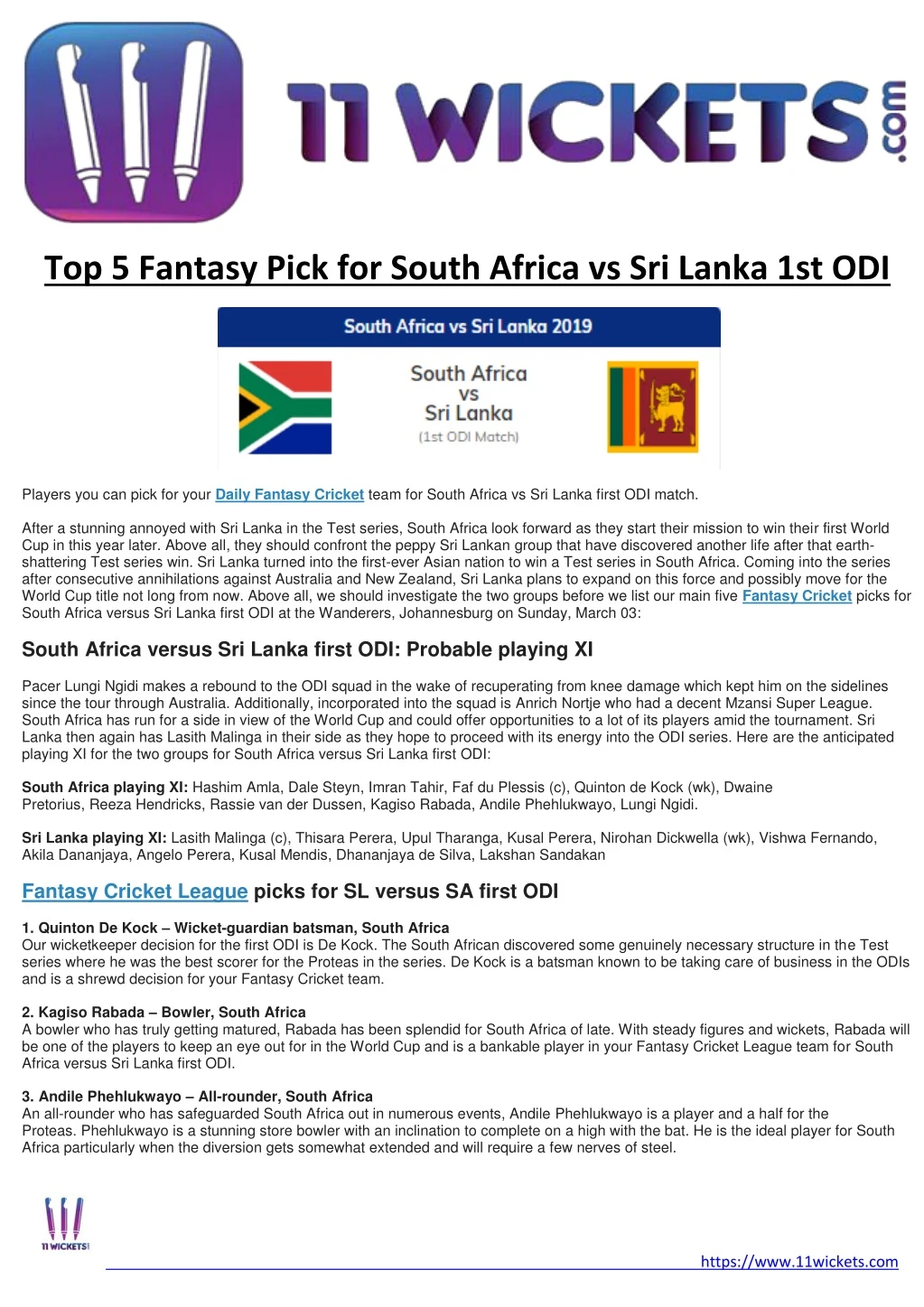 top 5 fantasy pick for south africa vs sri lanka