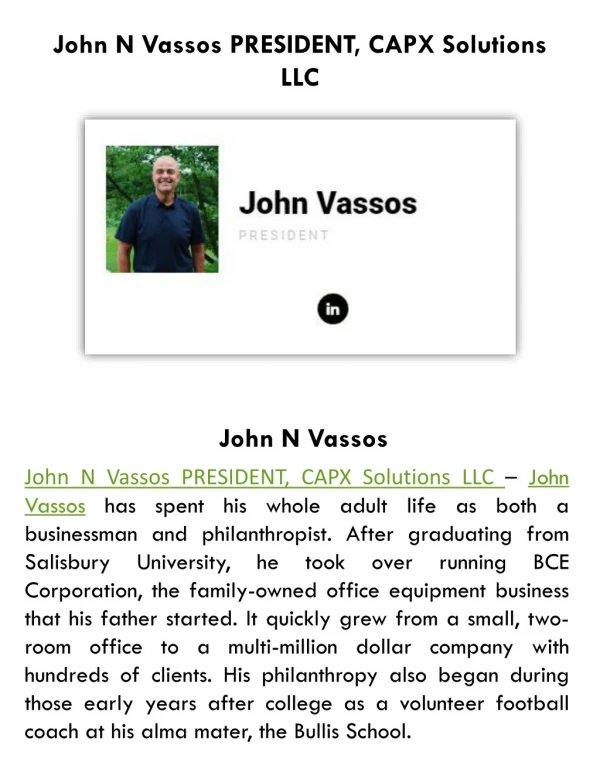 John N Vassos of CAPX Solutions LLC