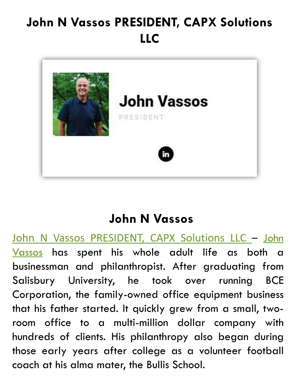 john n vassos president capx solutions llc