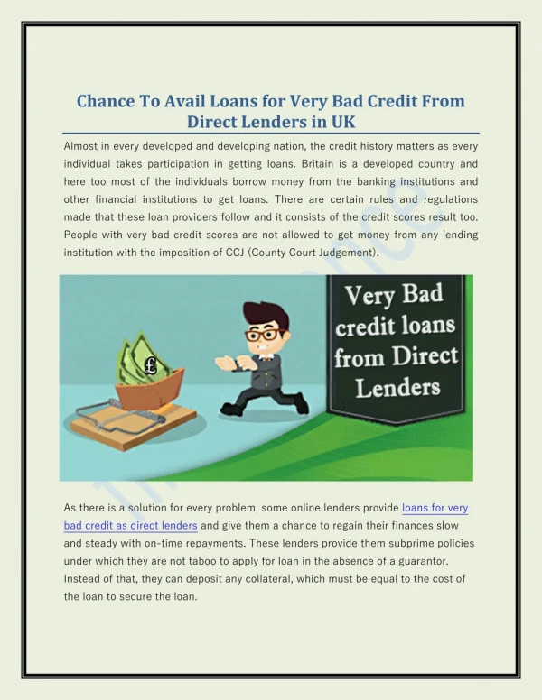 Chance To Avail Loans for Very Bad Credit From Direct Lenders in UK