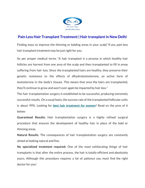 Pain Less Hair Transplant Treatment | Hair transplant in New Delhi