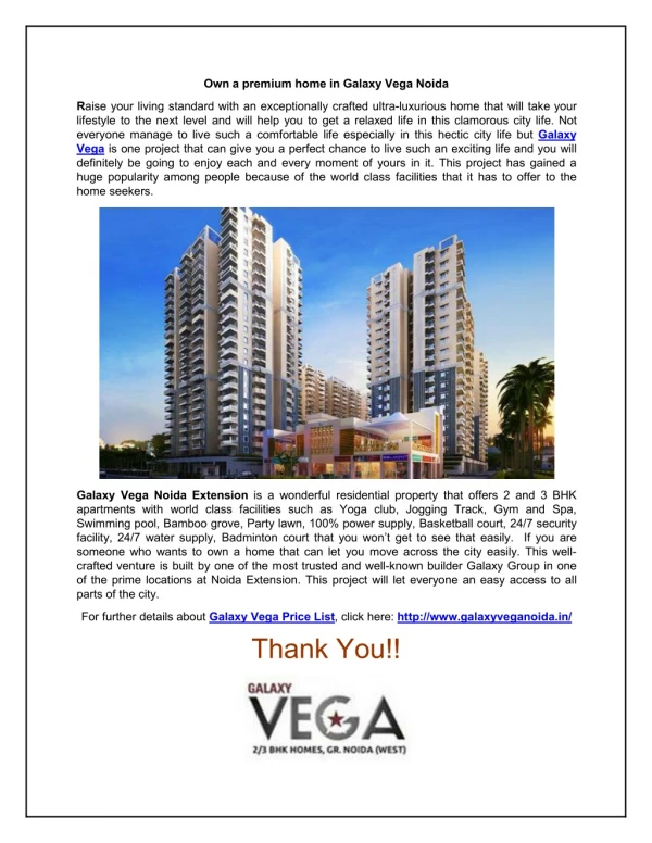 Own a premium home in Galaxy Vega Noida