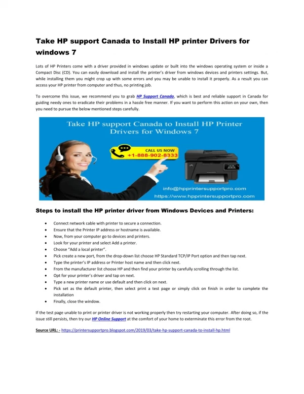 Take HP support Canada to Install HP printer Drivers for windows 7