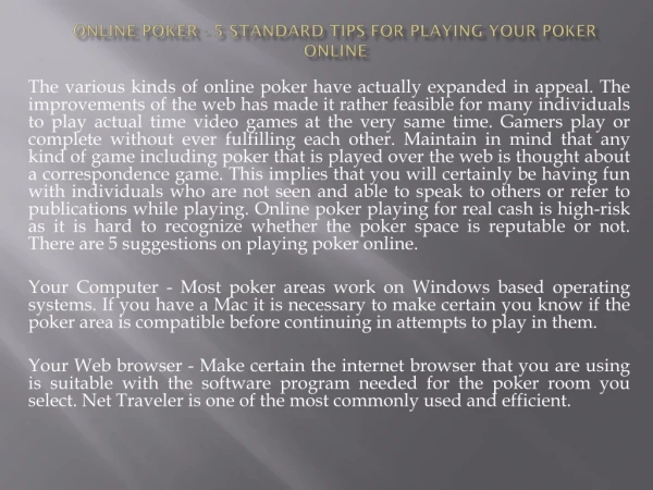 Online Poker - 5 Standard Tips For Playing