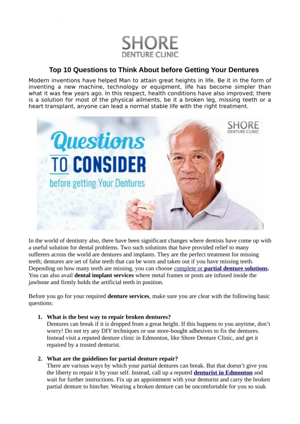 Top 10 Questions to Think About before Getting Your Dentures