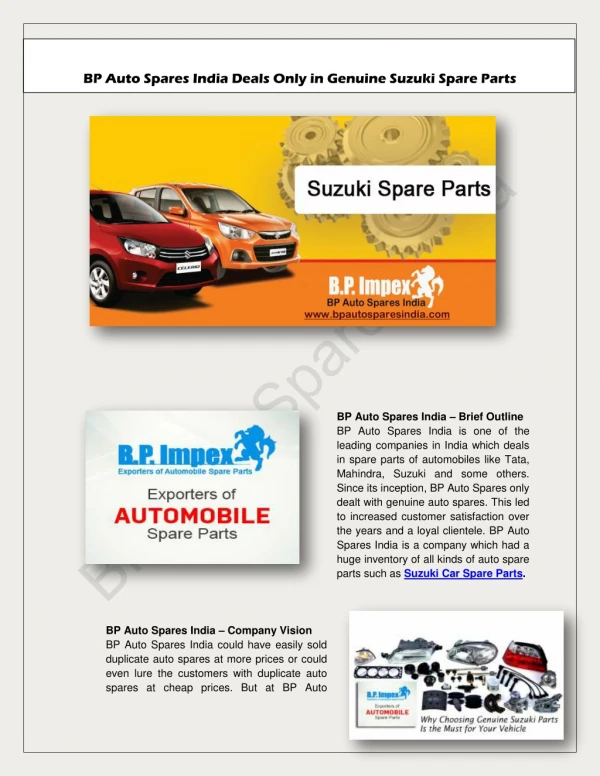 BP Auto Spares India Deals Only in Genuine Suzuki Spare Parts
