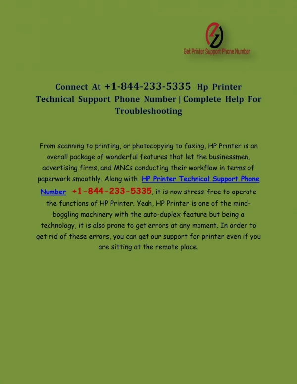 Connect At 1-844-233-5335 Hp Printer Technical Support Phone Number | Complete Help For Troubleshooting