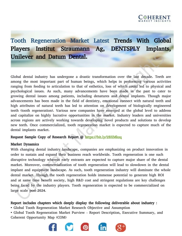 Tooth Regeneration Market, By Application, Population Demographics, and Geography - Insights, Opportunity Analysis, and