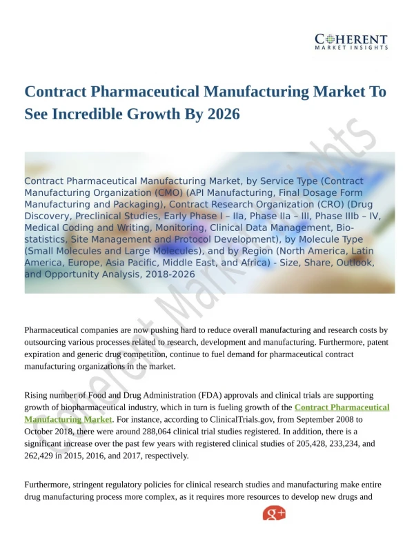 Contract Pharmaceutical Manufacturing Market To Witness Robust Expansion Throughout The Forecast Period 2018 - 2026