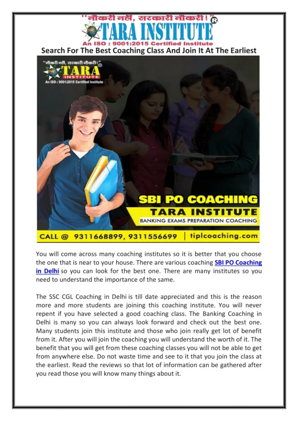 Search For The Best Coaching Class And Join It At The Earliest