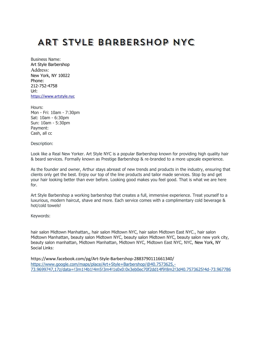 business name art style barbershop address