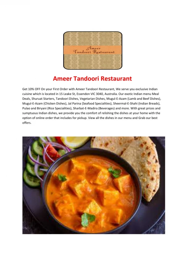 Ameer Tandoori Restaurant-Essendon - Order Food Online