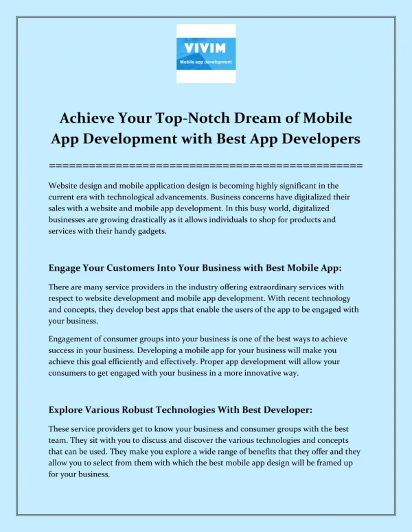 Achieve Your Top-Notch Dream of Mobile App Development with Best App Developers