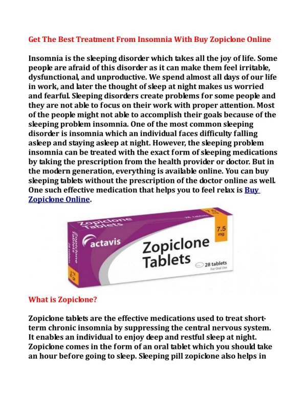 Get The Best Treatment From Insomnia With Buy Zopiclone Online