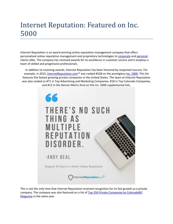 Internet Reputation: Featured on Inc. 5000