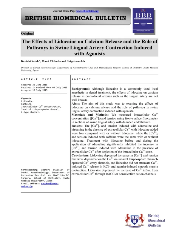 The Effects of Lidocaine on Calcium Release and the Role of Pathways in Swine Lingual Artery Contraction Induced with Ag