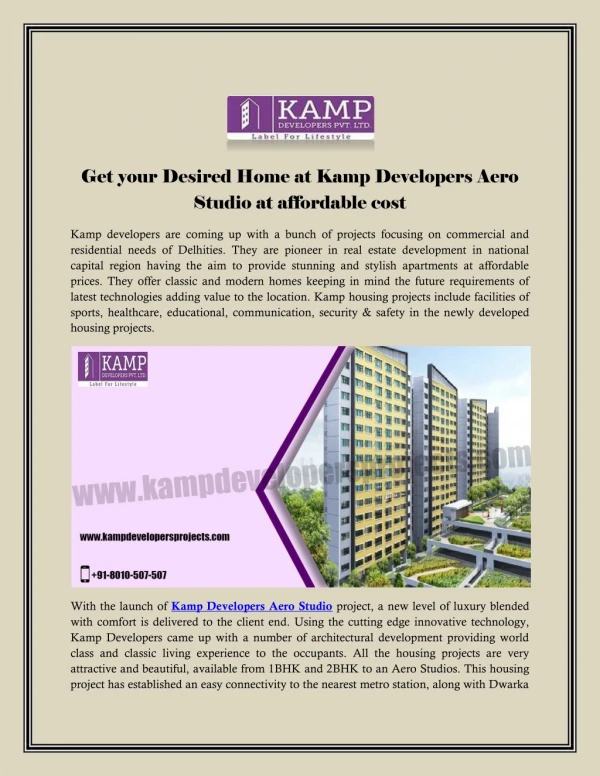 Get your Desired Home at Kamp Developers Aero Studio at affordable cost