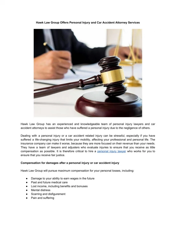 Hawk Law Group Offers Personal Injury and Car Accident Attorney Services