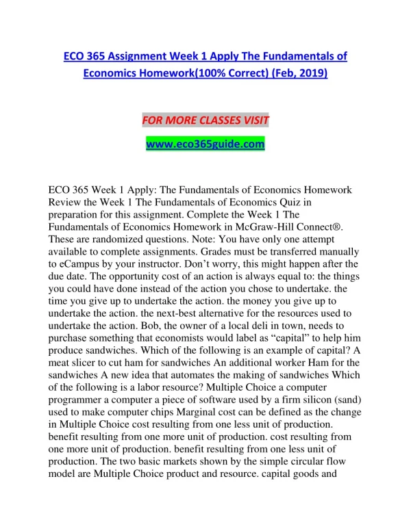 ECO 365 Assignment Week 1 Apply The Fundamentals of Economics Homework(100% Correct) (Feb, 2019)