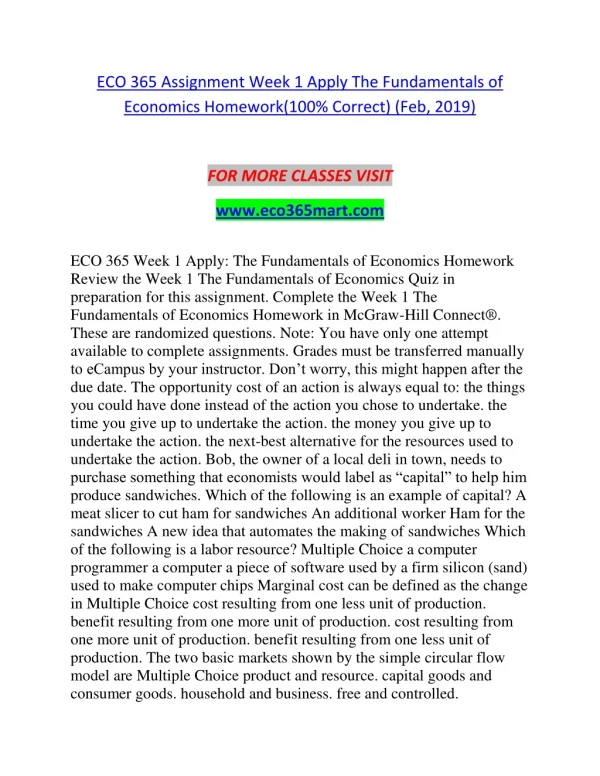 ECO 365 Assignment Week 1 Practice The Fundamentals of Economic Quiz (100% Correct) (Feb, 2019)