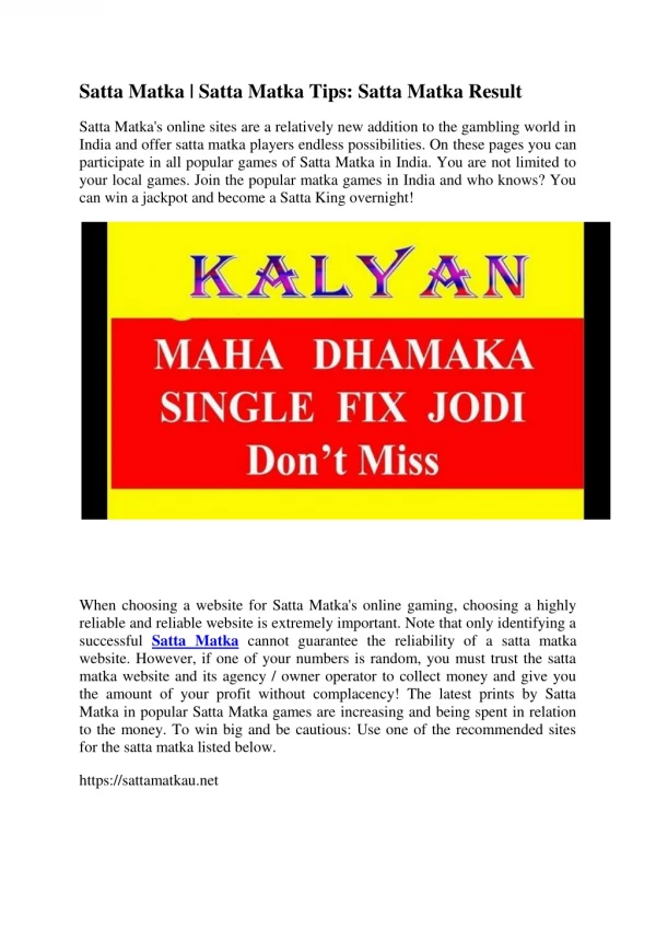 Kalyan Matka Results, Kalyan Chart