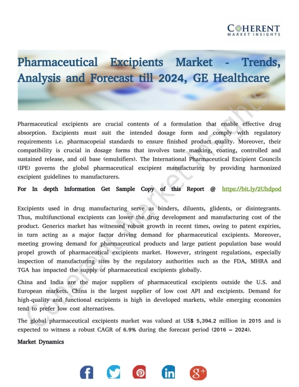 Pharmaceutical Excipients Market - Trends, Analysis and Forecast till 2024