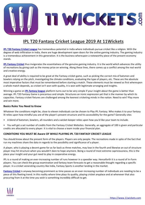 IPL T20 Fantasy Cricket League 2019 At 11Wickets