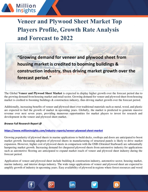 Veneer and Plywood Sheet Market Top Players Profile, Growth Rate Analysis and Forecast to 2022