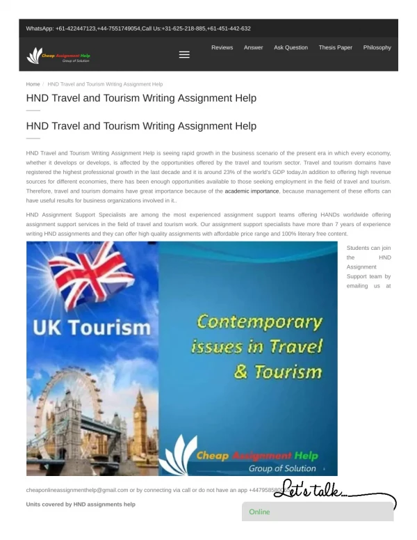 HND Travel and Tourism Writing Assignment Help