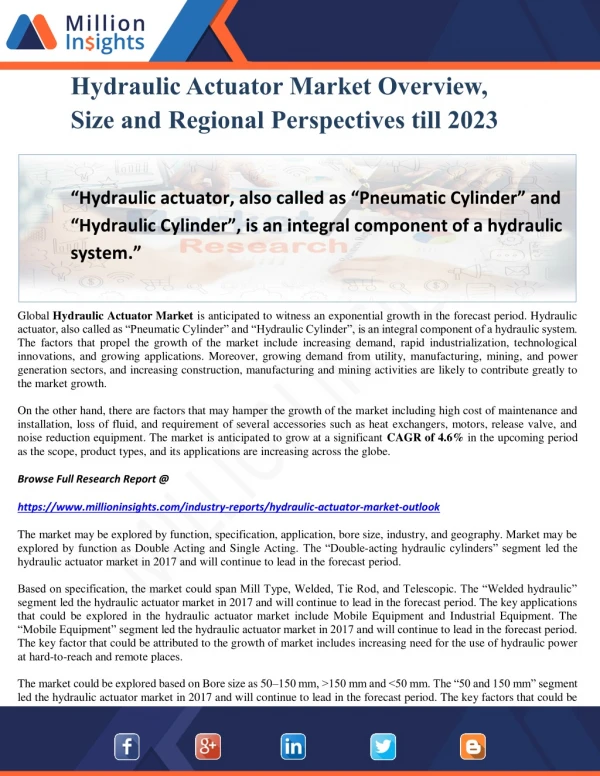 Hydraulic Actuator Market Overview, Size and Regional Perspectives till 2023