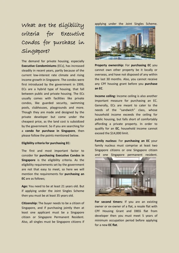 What are the eligibility criteria for Executive Condos for purchase in Singapore?