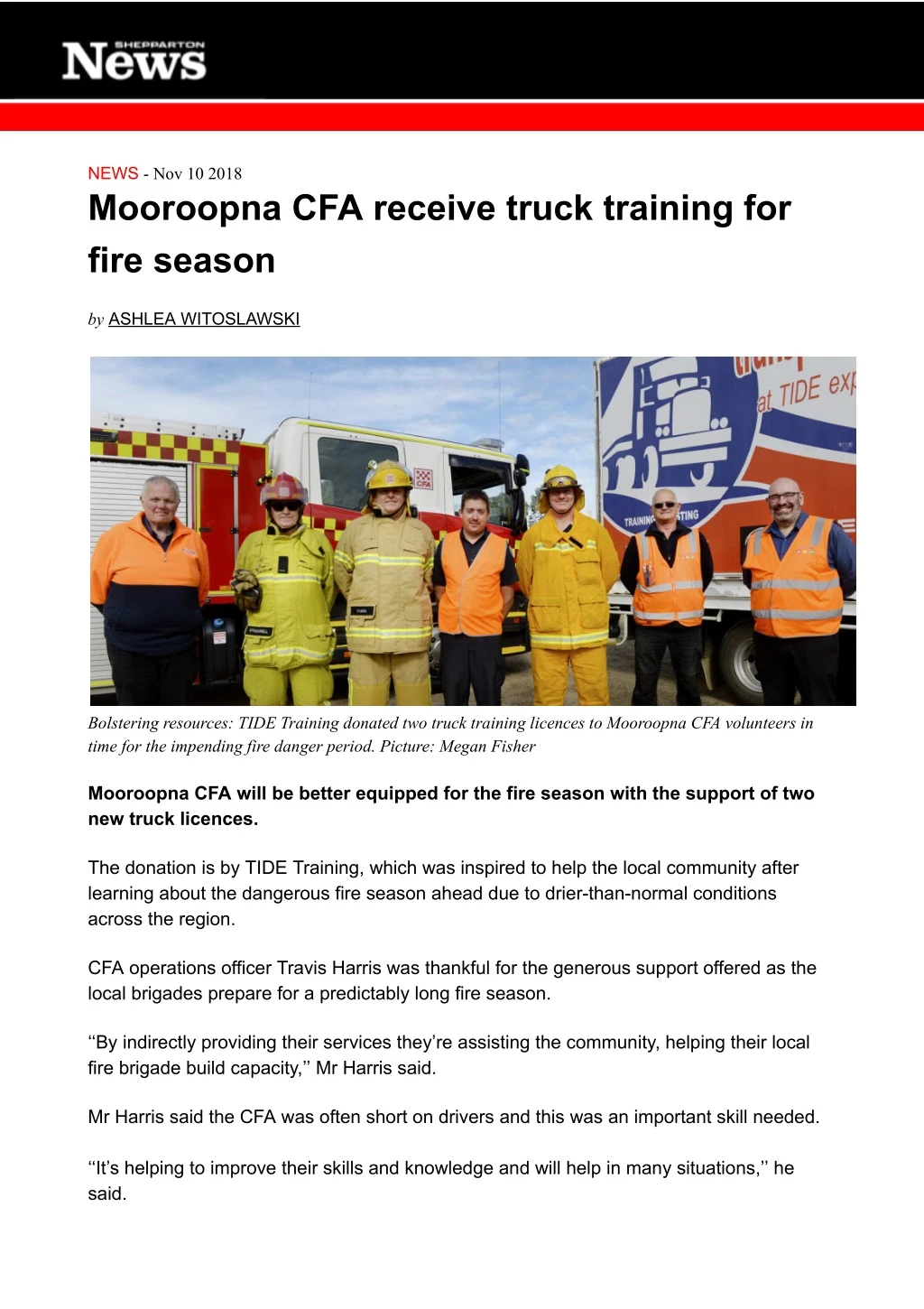 news nov 10 2018 mooroopna cfa receive truck