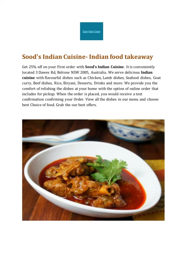 Sood's Indian Cuisine-Belrose - Order Food Online